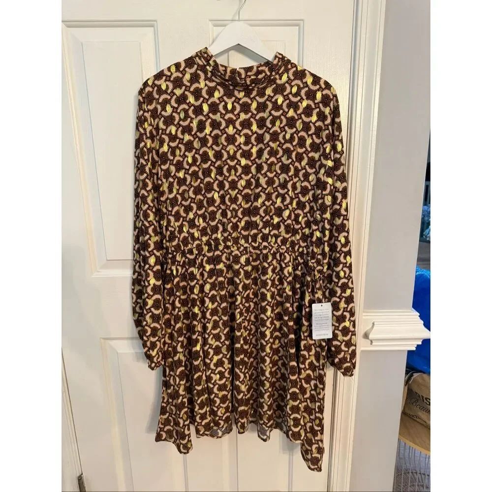 Melloday Nordstrom Fan Print Gold Accent Long Sleeve Knee Length Dress sz 2X NWT